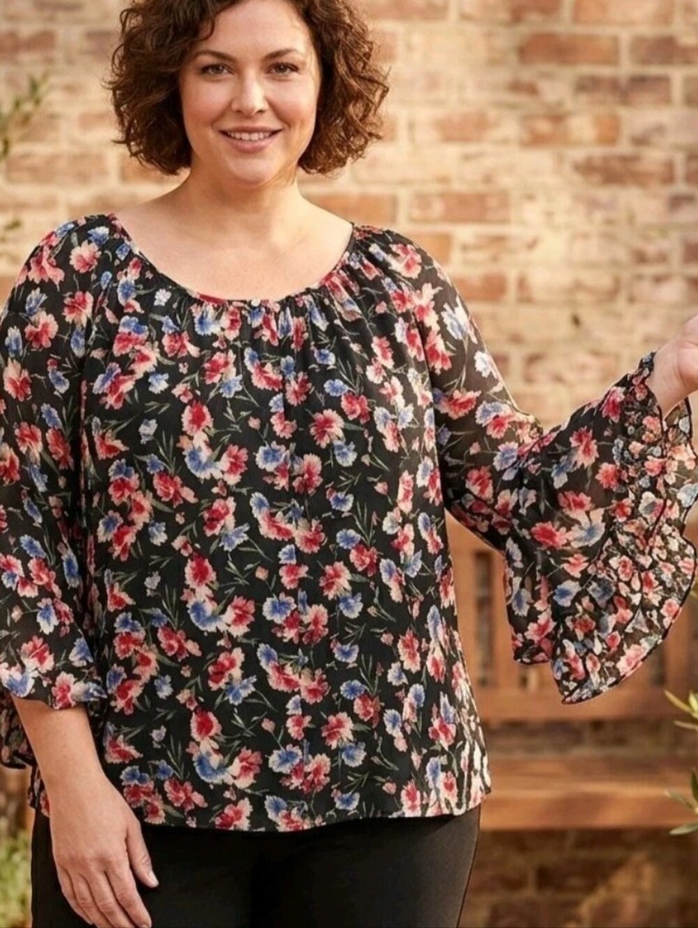 Chaps Womens 3X Blouse Black Pink Floral Semi Sheer Peasant 3/4 Sleeve Boho
